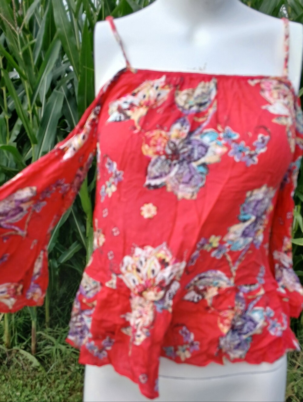 Floral Print Cold Open Shoulder Blouse Top Shirt Lulu's size XS coral boho